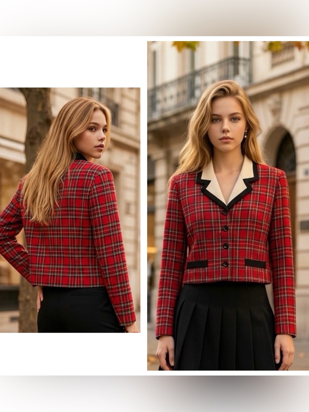 Virgo ll Vintage 90’s Red Plaid Cropped Blazer Cream Contrast Collar faux pocket